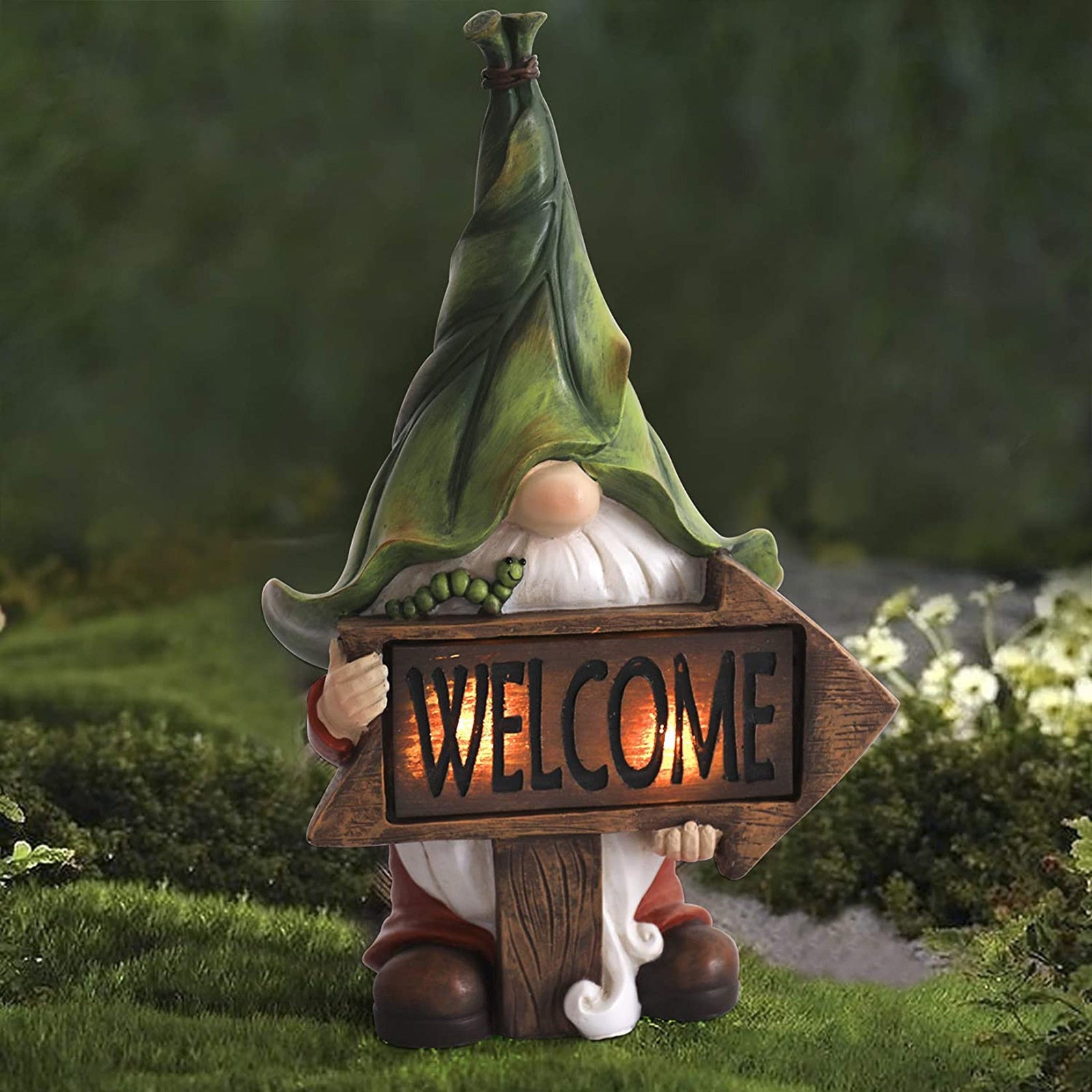 A Outdoor Garden Dwarf Statue-resin Dwarf Statue Carrying Magic Ball Solar Led Light Welcome Sign Gnome Yard Lawn Large Figurine