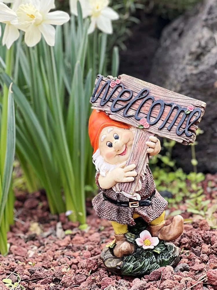 nain de jardin pancarte welcome en résine