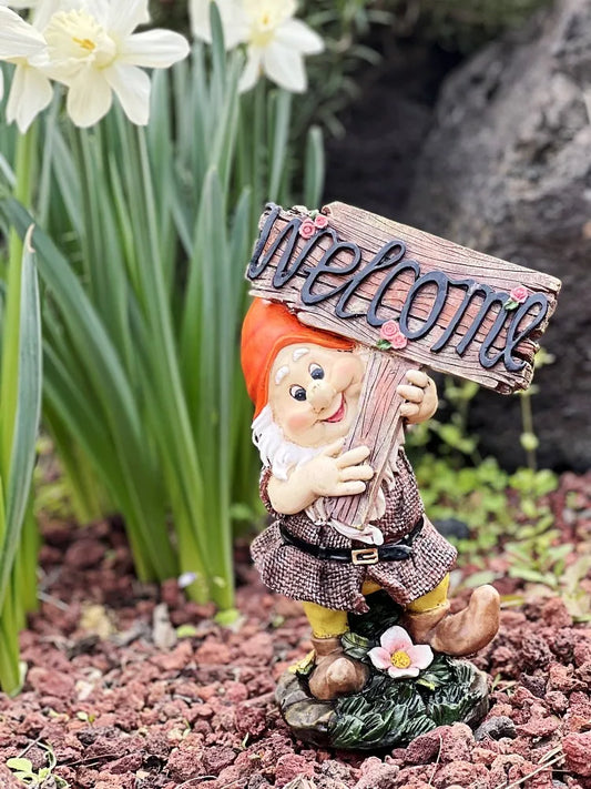 nain de jardin pancarte welcome en résine